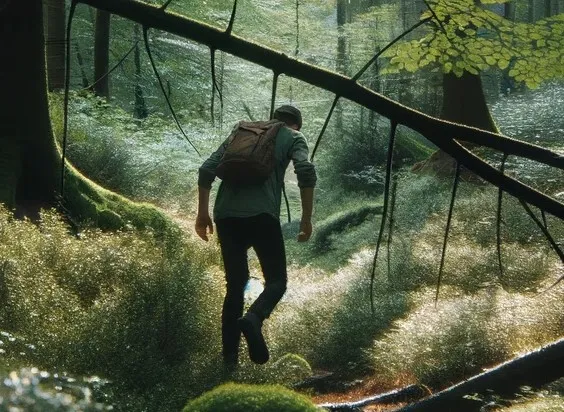 他低头以避开低垂的树枝。