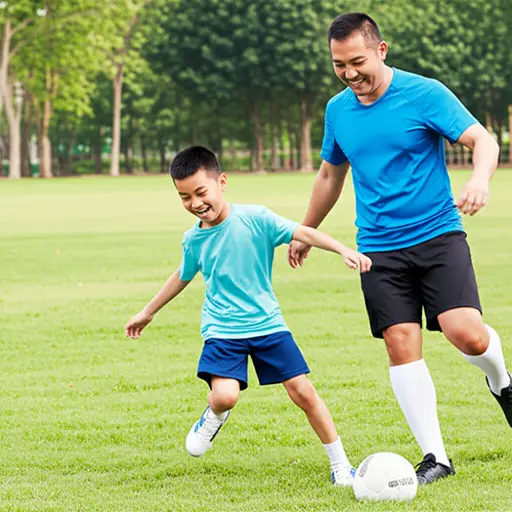 我和爸爸一起踢足球。