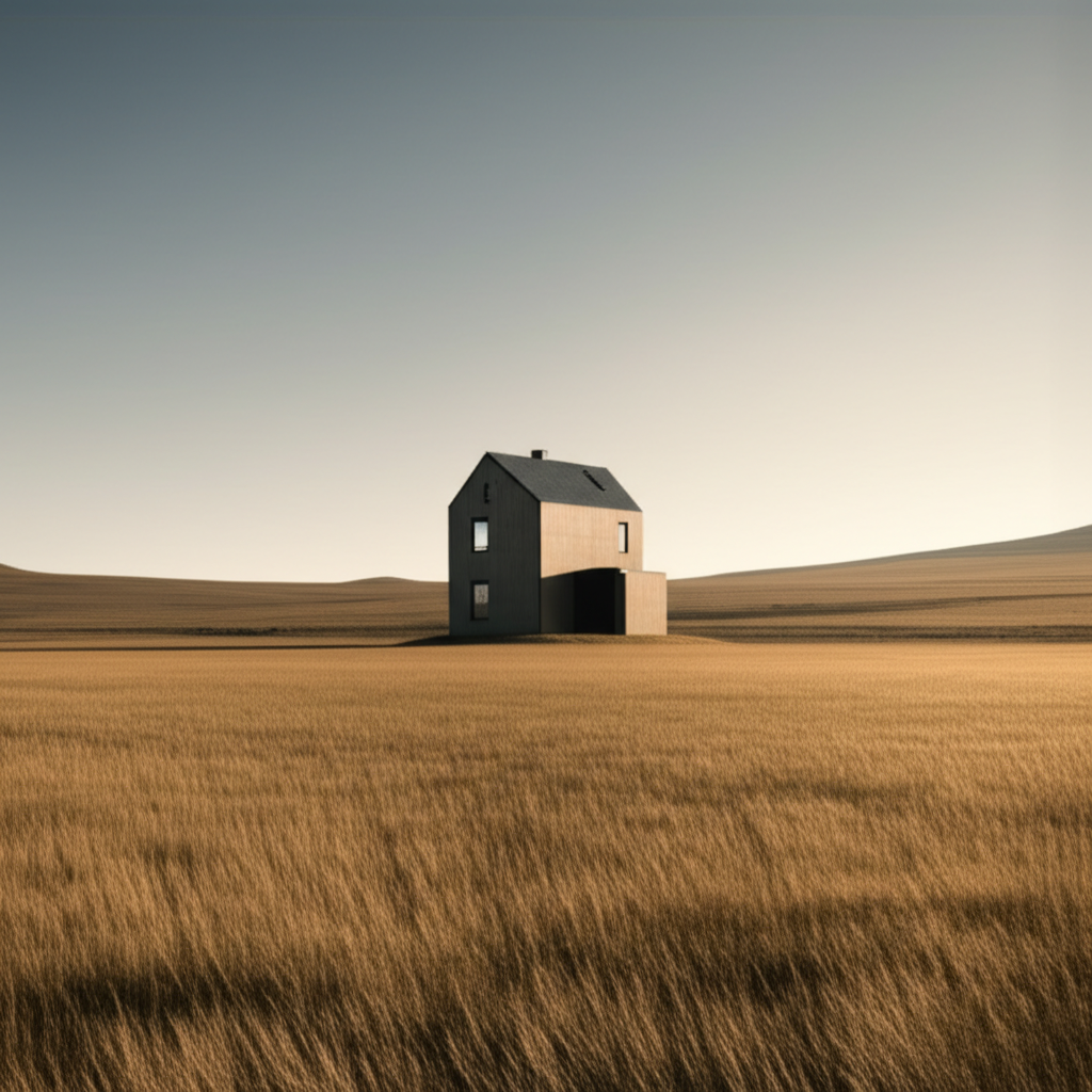 一座房子孤零零地坐落在广阔的田野里。