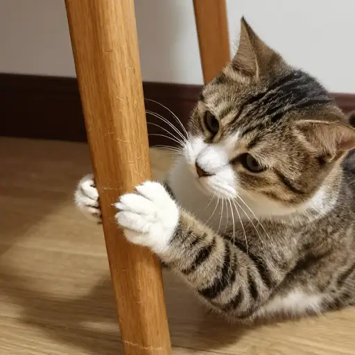 我的猫喜欢在桌子的木腿上磨爪子。