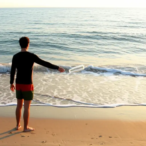 他把瓶子扔进波浪中，看着它漂向大海。