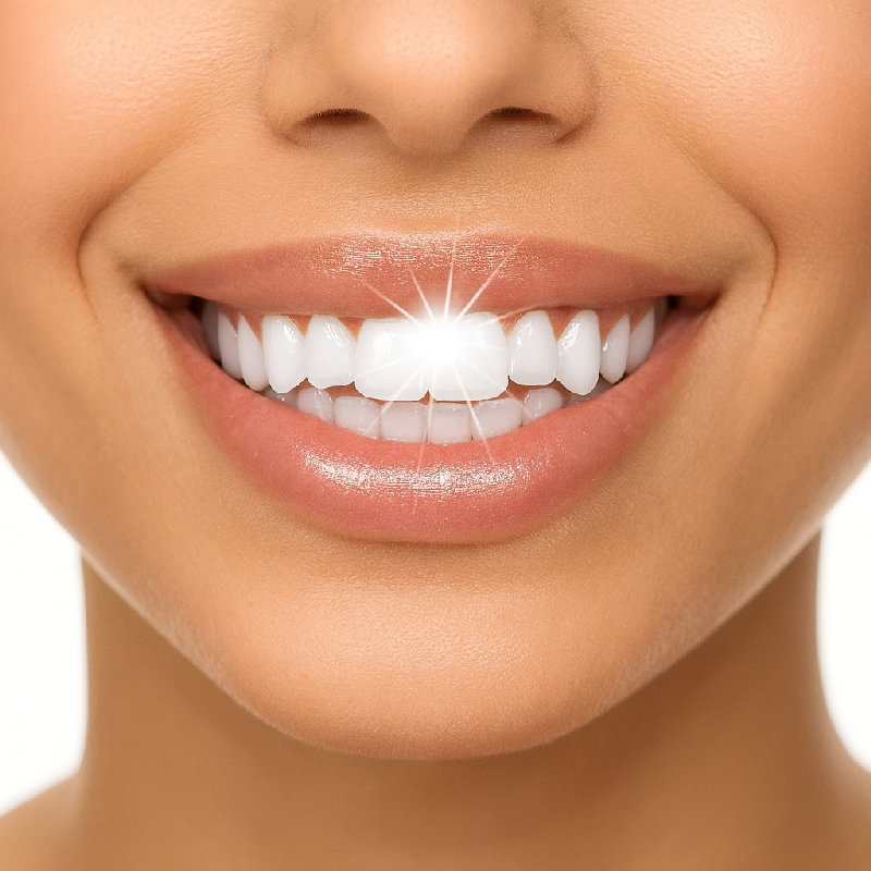 她的牙齿闪闪发光。