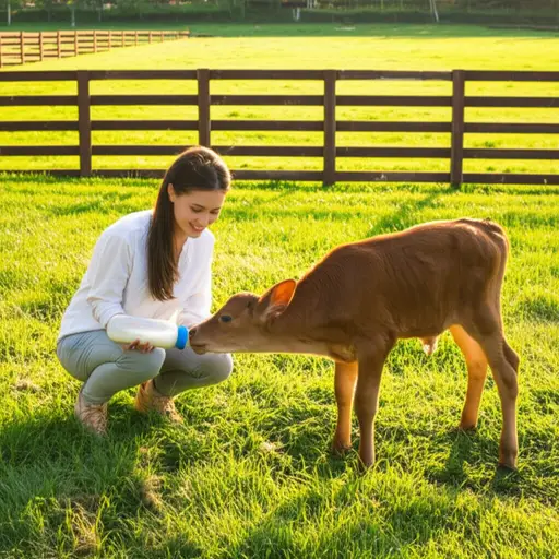 她每天早晨喂小牛。