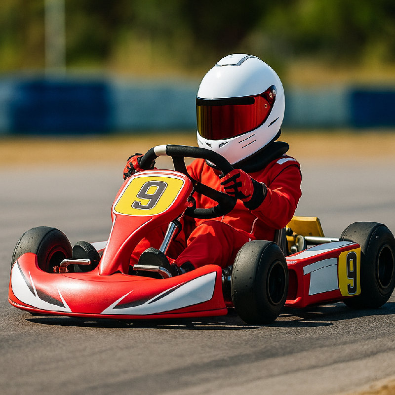 驾驶员戴着头盔, 穿着赛车服以确保安全。