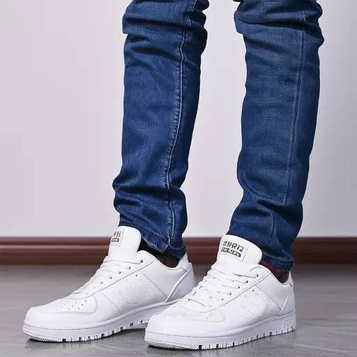 他穿着牛仔裤和白色运动鞋。