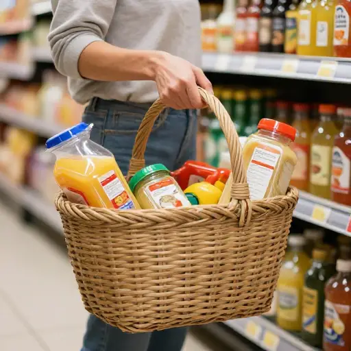 她用传统的草编篮子装 groceries。