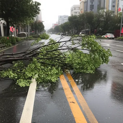 暴风雨过后，街道上到处都是树枝和树叶。