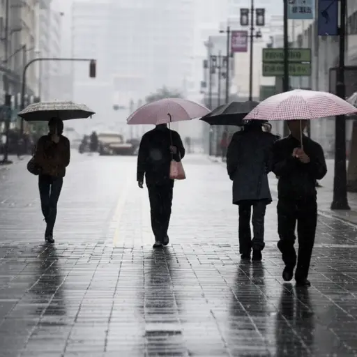 当我来到这座城市时，天正下着雨。