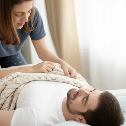 她用毯子盖住他，让他保暖。