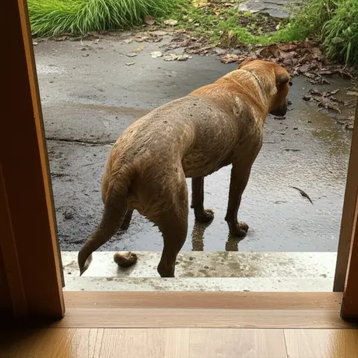 请把狗挡在客厅外面，因为外面很泥泞。