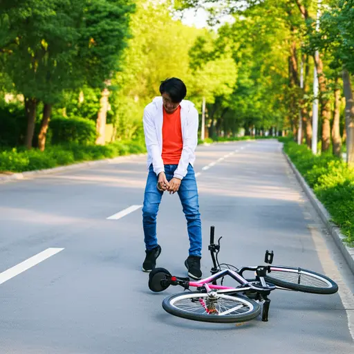 他骑自行车时摔倒了，但幸运的是这只是个小意外。