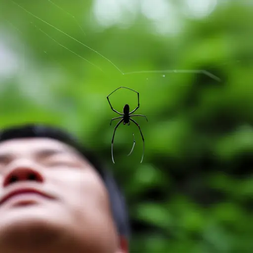 我头附近有一只黑蜘蛛，腿长，身体又圆又胖。