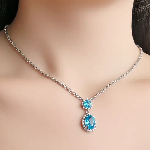 她戴了一条银制的漂亮项链，上面镶着一颗蓝色的宝石。