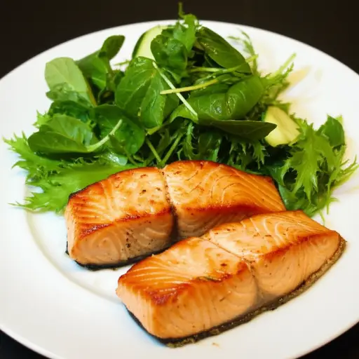 三文鱼配有一份新鲜绿色沙拉。