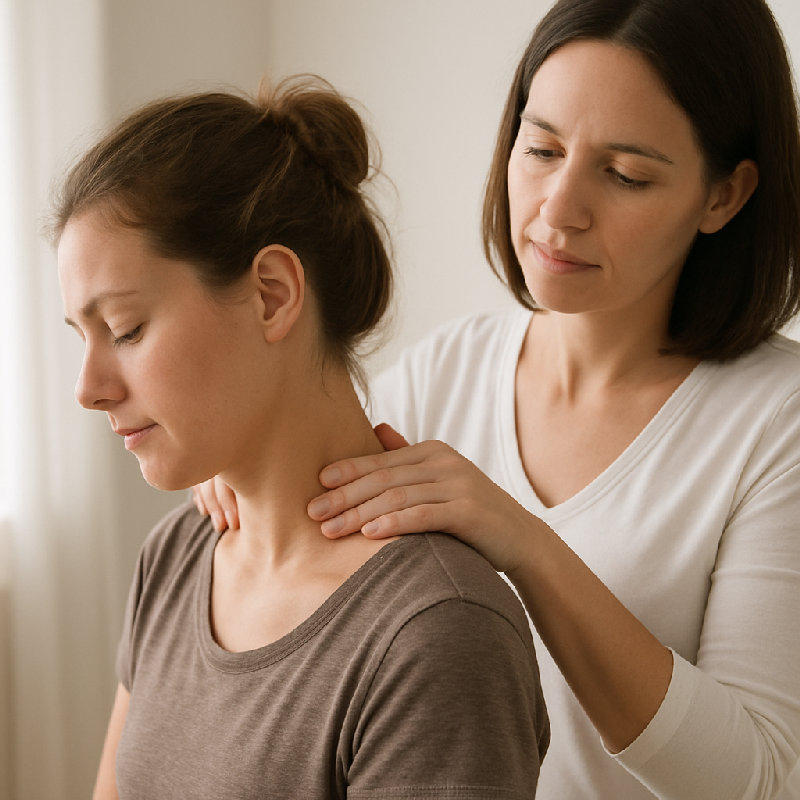 按摩师正在轻轻按摩她的后颈，帮助缓解紧张。