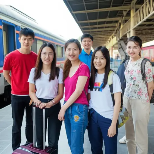 人们在站台上聊天，笑声不断。