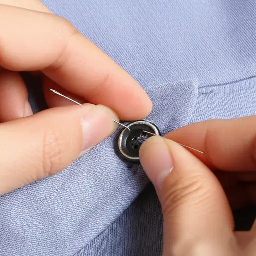 她用一根针固定松动的纽扣。