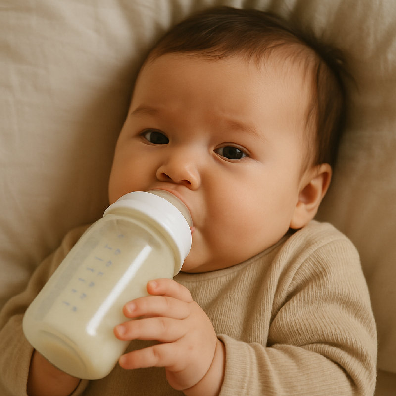 婴儿吸着奶瓶。