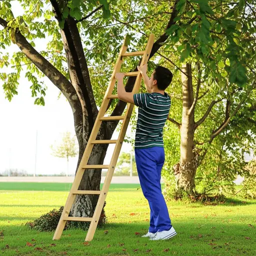 他把梯子靠在树上。