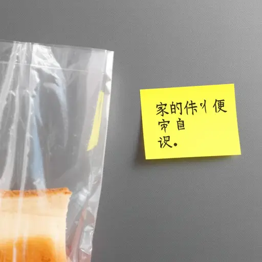 我妈妈在冰箱上贴了一张便条，提醒我买面包。