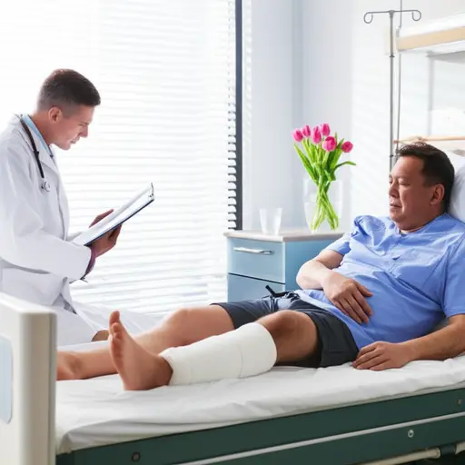 我父亲因为腿伤在医院住了两周。