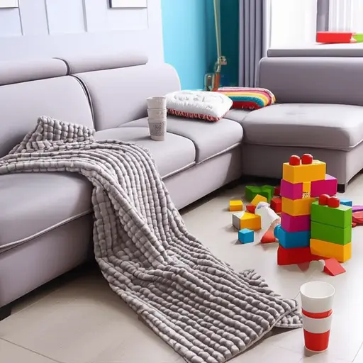 孩子们玩耍后，客厅看起来乱糟糟的。