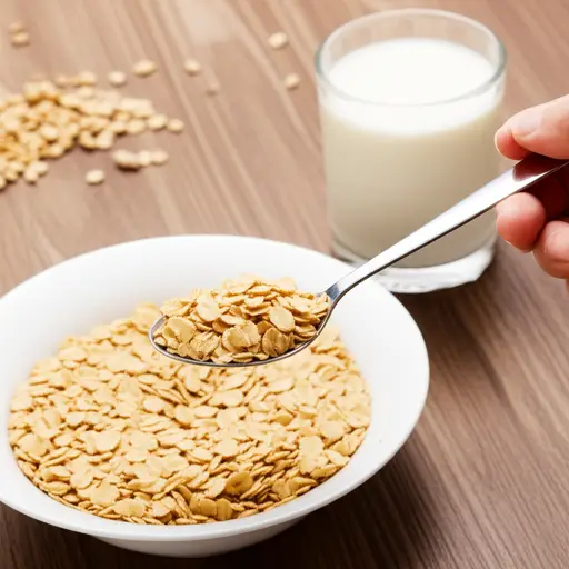 我早餐用勺子吃麦片。