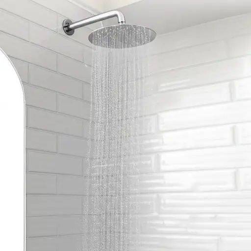 新公寓的淋浴间配有一个现代感十足的雨淋花洒。