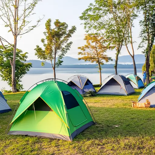 露营者早早到达湖边，搭建好了最佳观景的露营点。