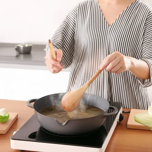 她在平底锅里搅拌汤。