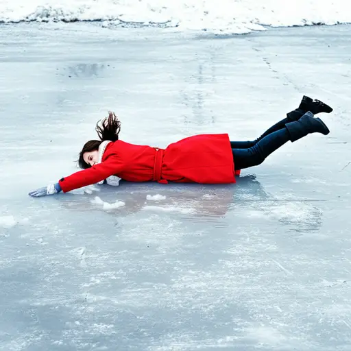 她在冰上滑倒了。