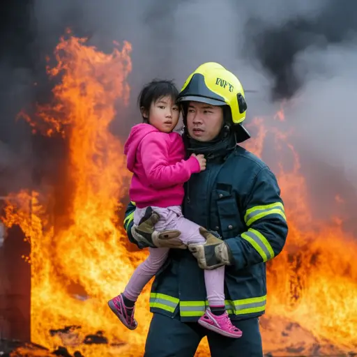 消防员勇敢地行动以拯救那个孩子。