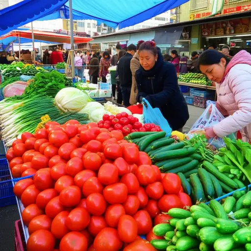 我们在附近的农贸市场买了一些新鲜蔬菜。