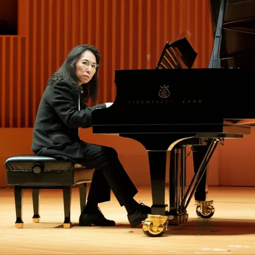 钢琴家在凳子上转过身来面向观众。