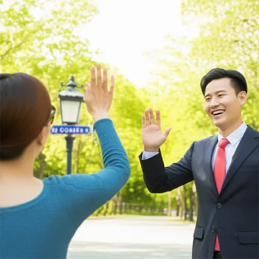 她向我挥手，我报以微笑。