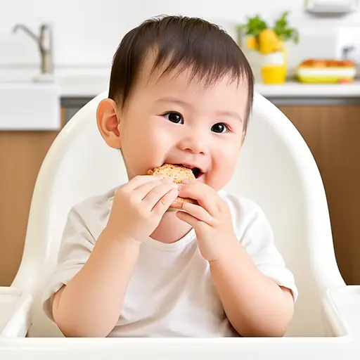 宝宝开心地咬了一口饼干。