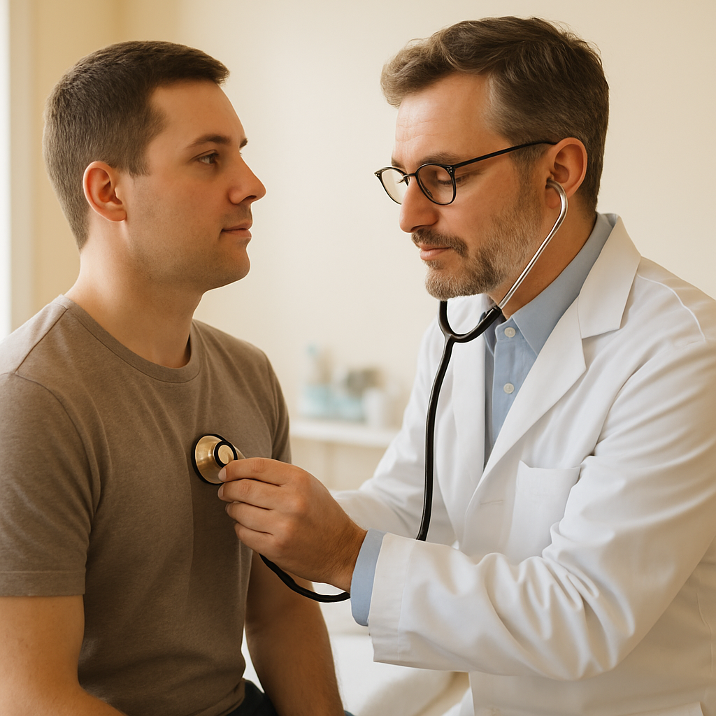 医生仔细听着病人的心跳声。