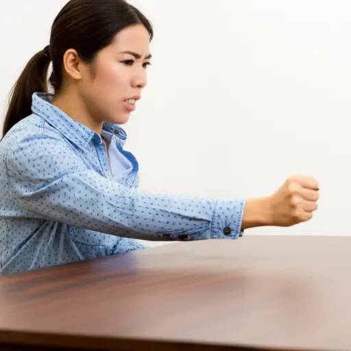 她生气地用拳头敲桌子。