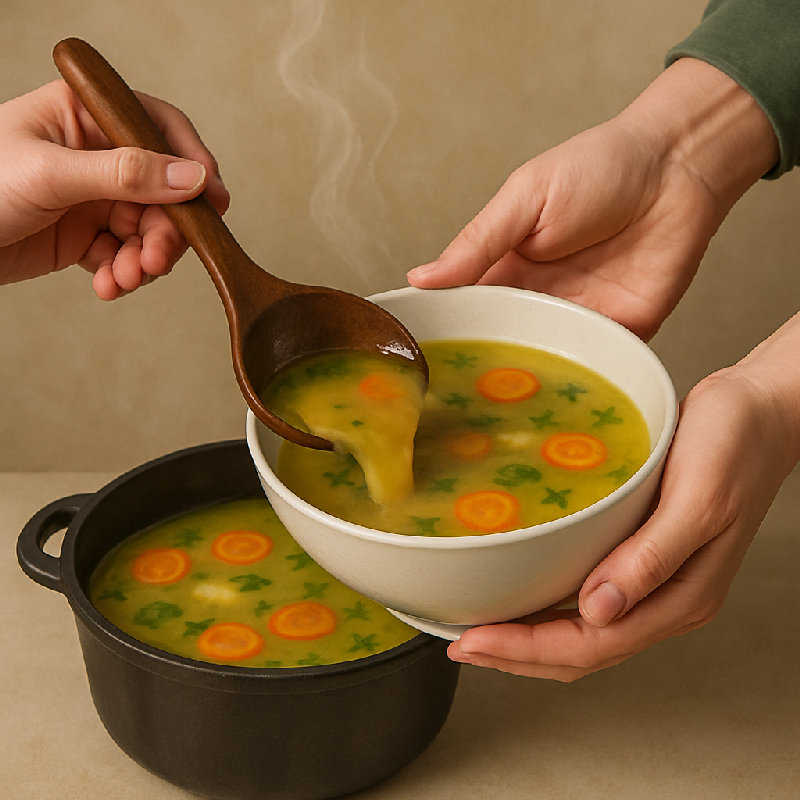 请用汤勺盛点汤。