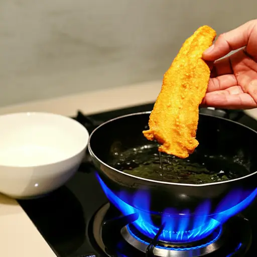 把鱼浸在面糊里，然后放入热油中。