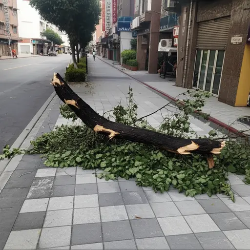 人行道被一根掉落的树枝堵住了。