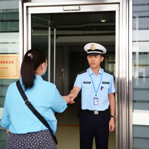 警卫在门口检查每个人的身份证。