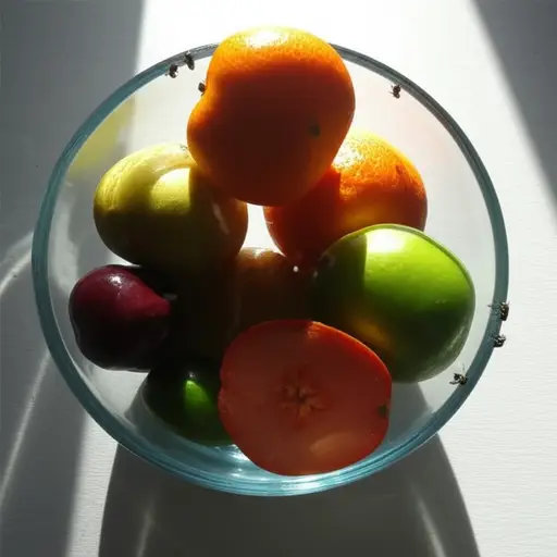 我看到水果碗上有几只苍蝇。