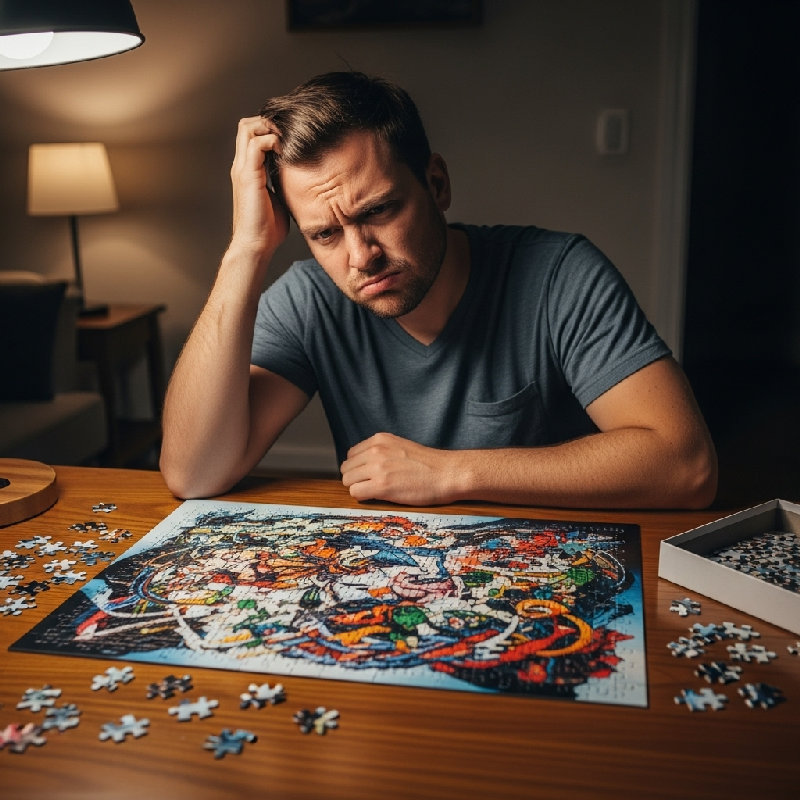 他在解谜时感到困惑，抓了抓头。