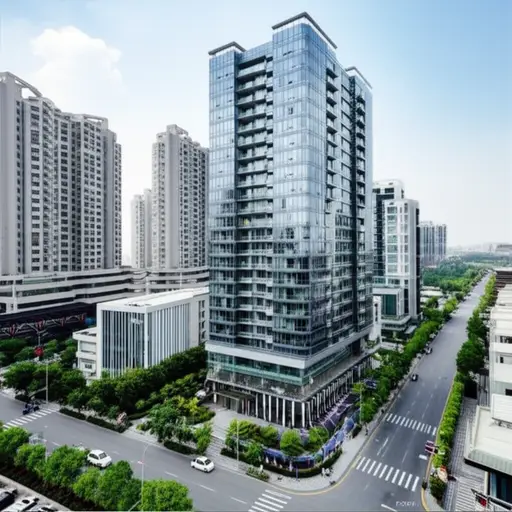 市中心附近有一栋现代化的公寓楼。