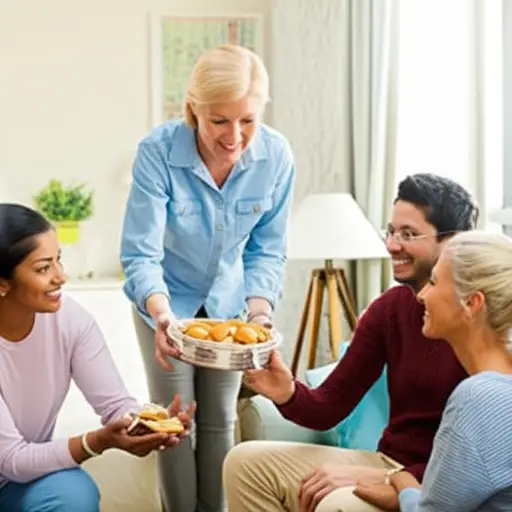 她端着一盘饼干，把它们分发给客人们。