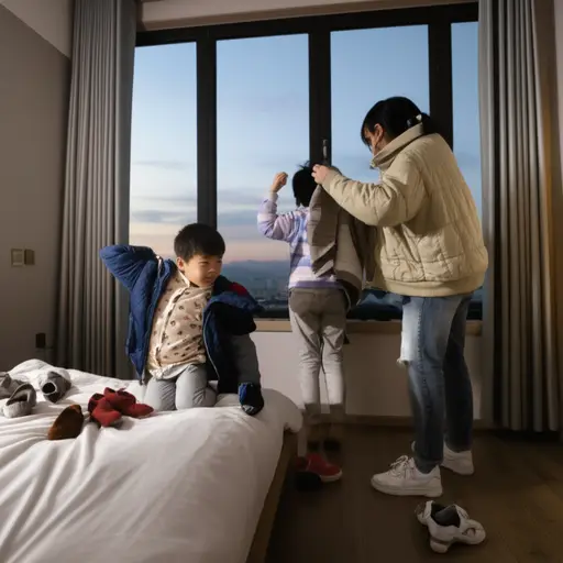 在外面玩完后，孩子们累了，所以他们的母亲给他们脱了衣服，帮他们上床。