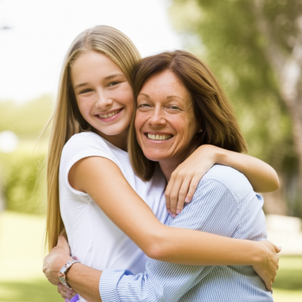 母亲紧紧地拥抱女儿。