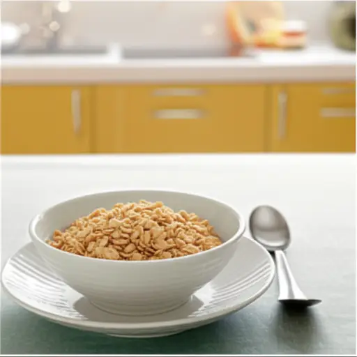 我们早餐吃了麦片。