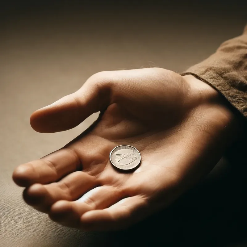 她把硬币放在手掌中。